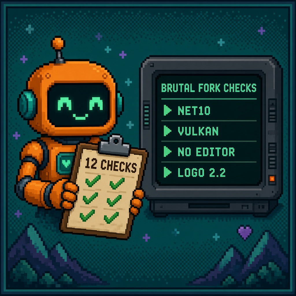 Pixel art orange robot with 12 CHECKS clipboard beside BRUTAL FORK CHECKS monitor
