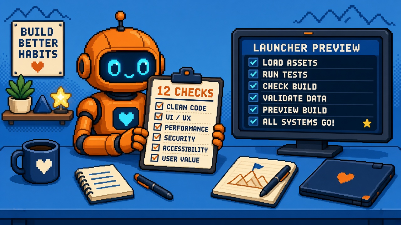 Pixel art orange robot with 12 CHECKS clipboard beside LAUNCHER PREVIEW monitor
