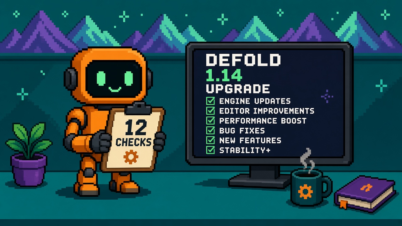 Pixel art orange robot with 12 CHECKS clipboard beside DEFOLD 1.14 UPGRADE monitor