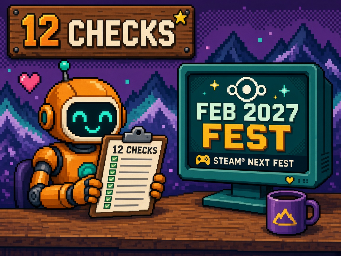 Pixel art orange robot with 12 CHECKS clipboard beside FEB 2027 FEST monitor