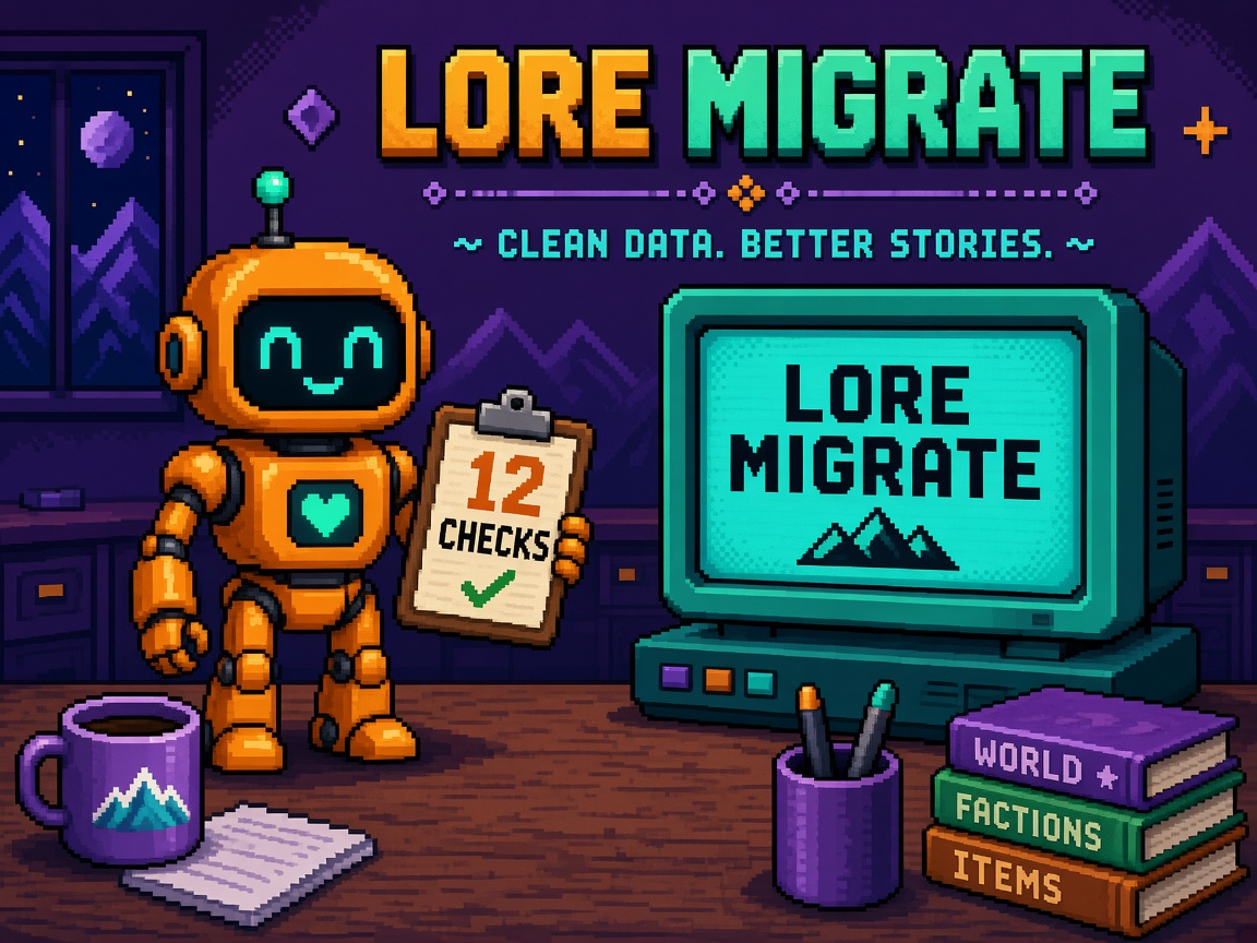 Pixel art orange robot with 12 CHECKS clipboard beside LORE MIGRATE monitor