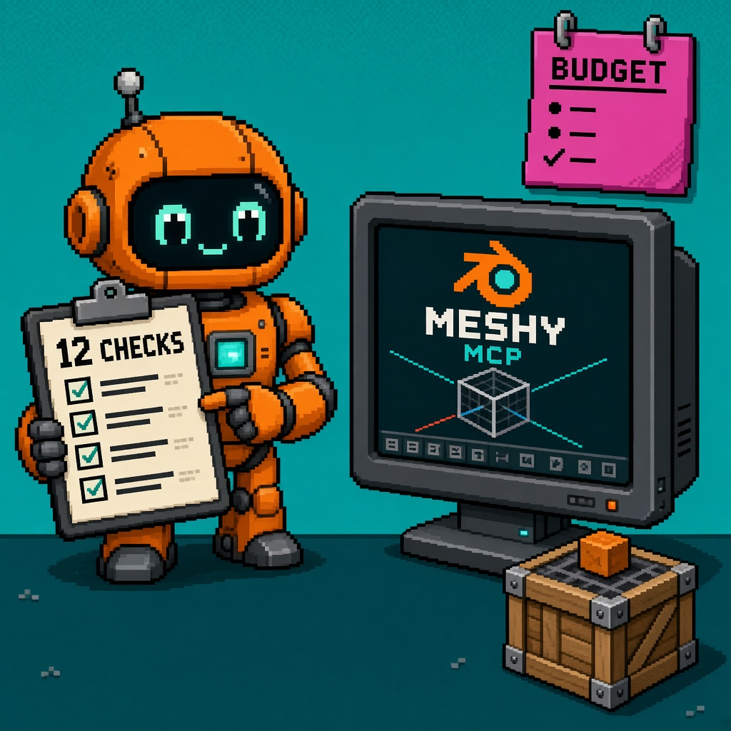 Pixel art orange robot with 12 CHECKS clipboard beside MESHY MCP prop monitor