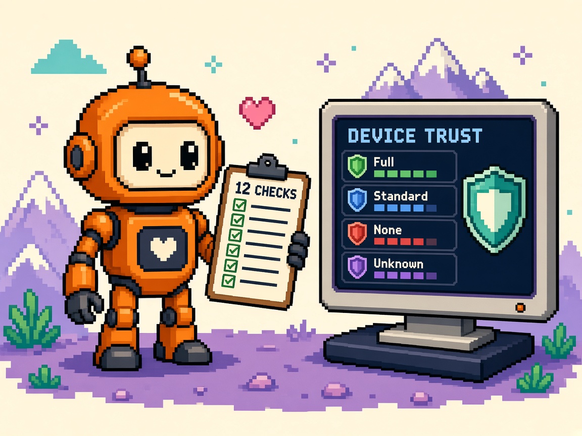 Pixel art orange robot with 12 CHECKS clipboard beside DEVICE TRUST levels shield monitor