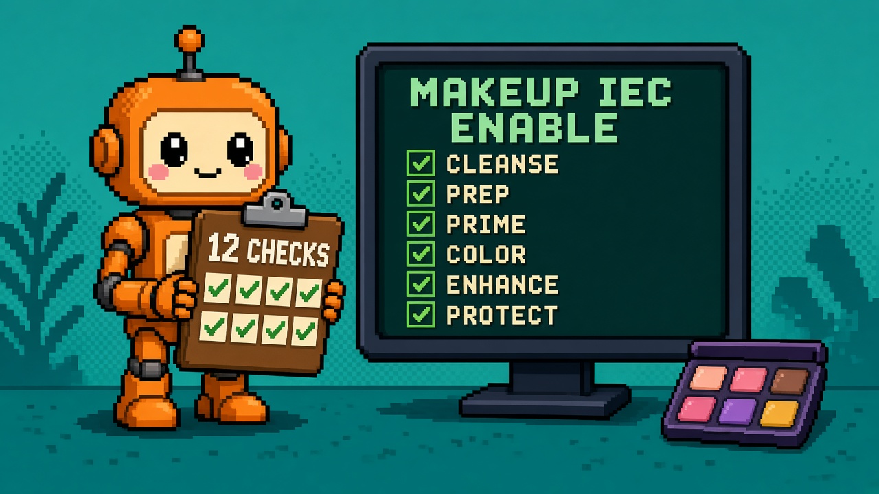 Pixel art orange robot with 12 CHECKS clipboard beside MAKEUP IEC ENABLE monitor
