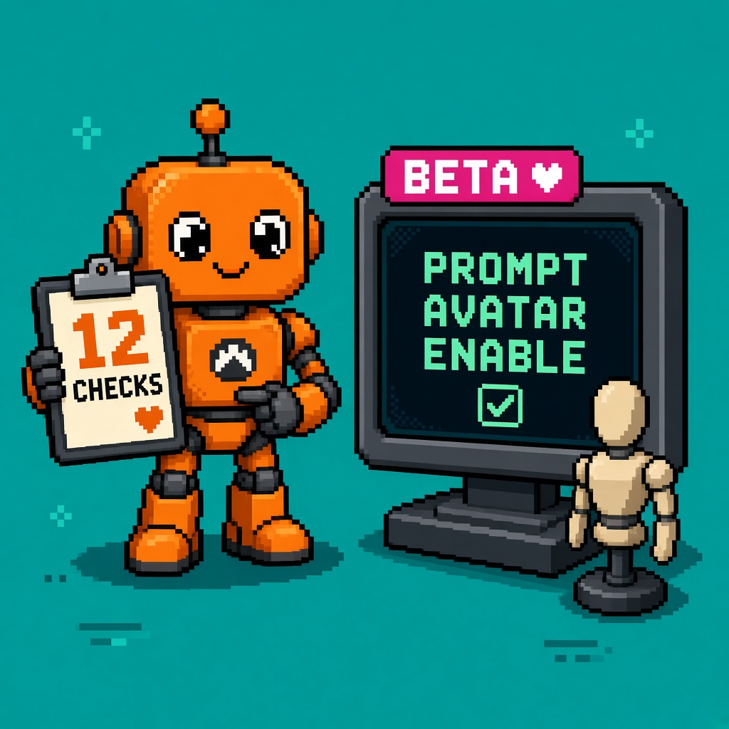 Pixel art orange robot with 12 CHECKS clipboard beside PROMPT AVATAR ENABLE monitor
