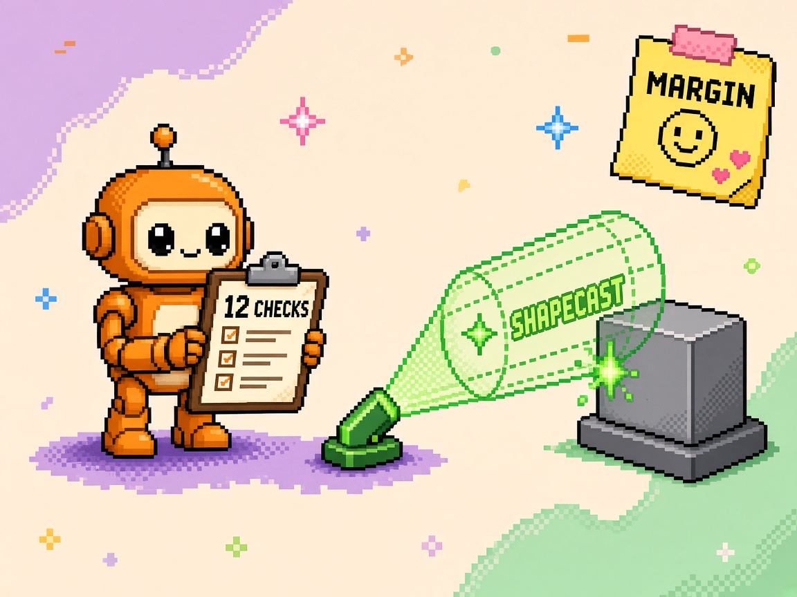 Pixel art orange robot with 12 CHECKS clipboard beside SHAPECAST capsule beam and MARGIN sticky note