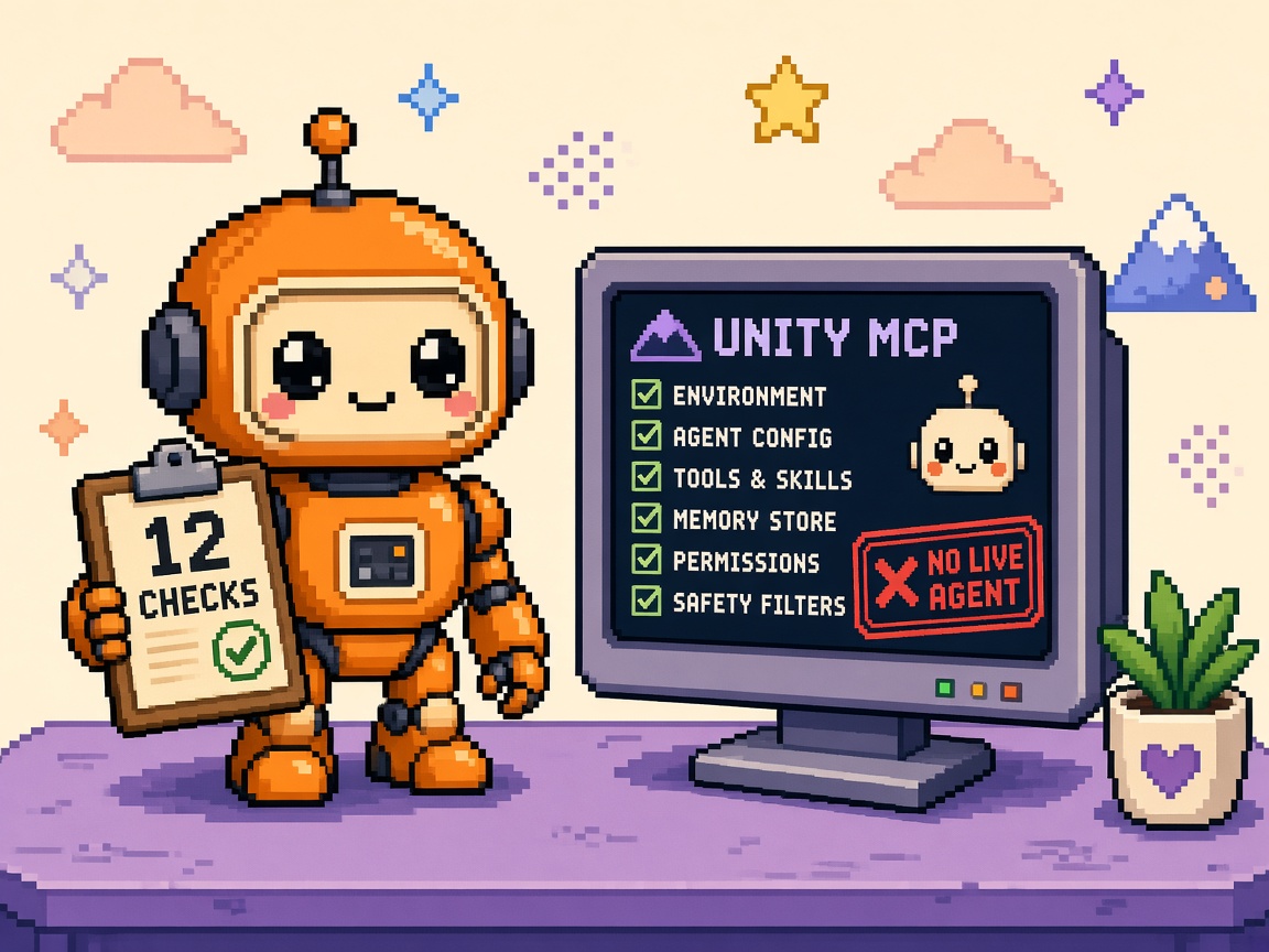 Pixel art orange robot with 12 CHECKS clipboard beside UNITY MCP NO LIVE AGENT monitor