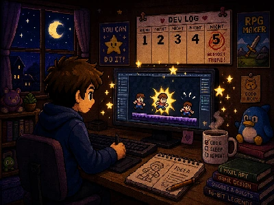 Pixel art of a developer at a night desk with a five-night dev-log calendar and a juiced sprite on screen