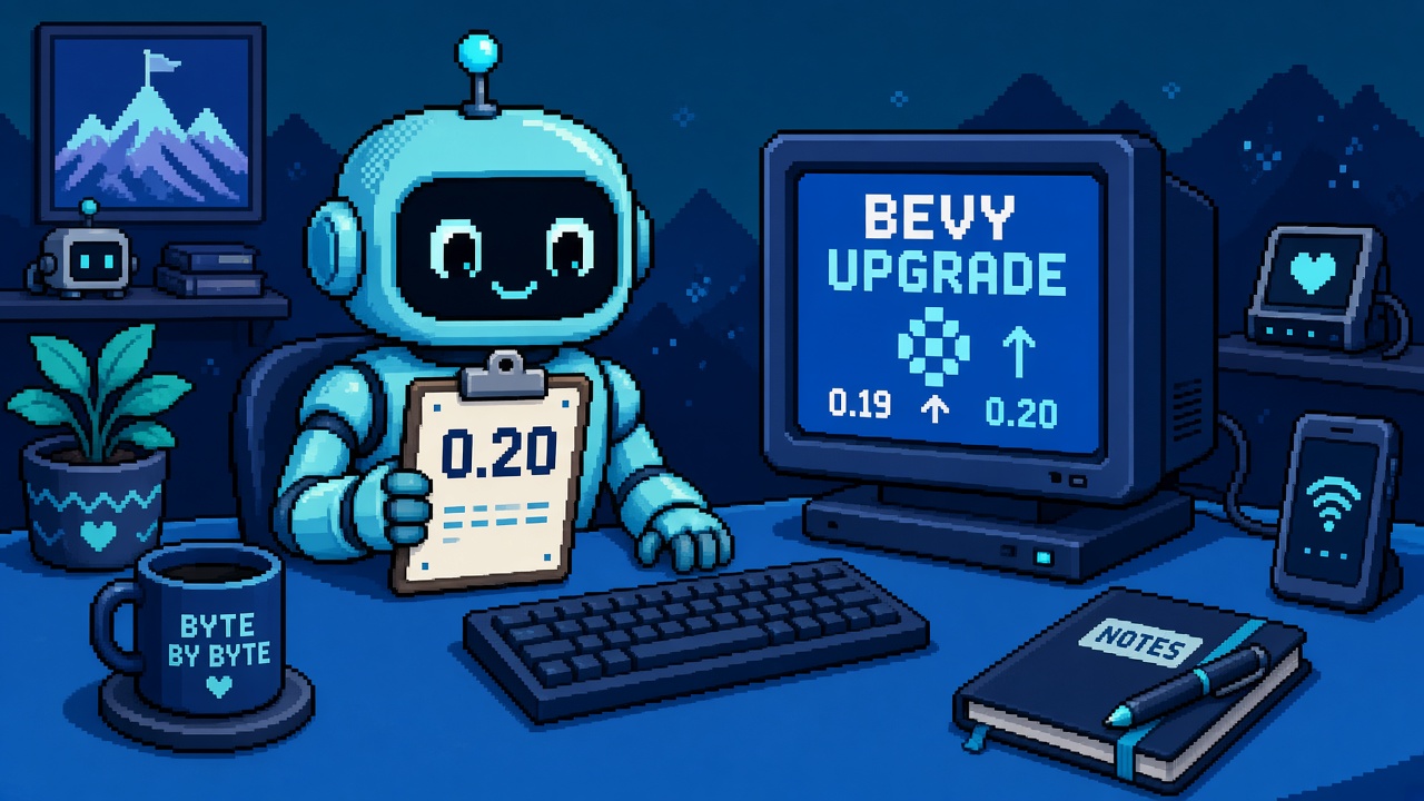 Pixel art cyan robot with 0.20 clipboard beside BEVY UPGRADE monitor
