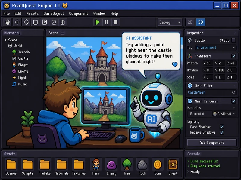Pixel art of an AI assistant robot helping a developer inside a game engine editor, for a Bezi Unity AI indie keep-hold test
