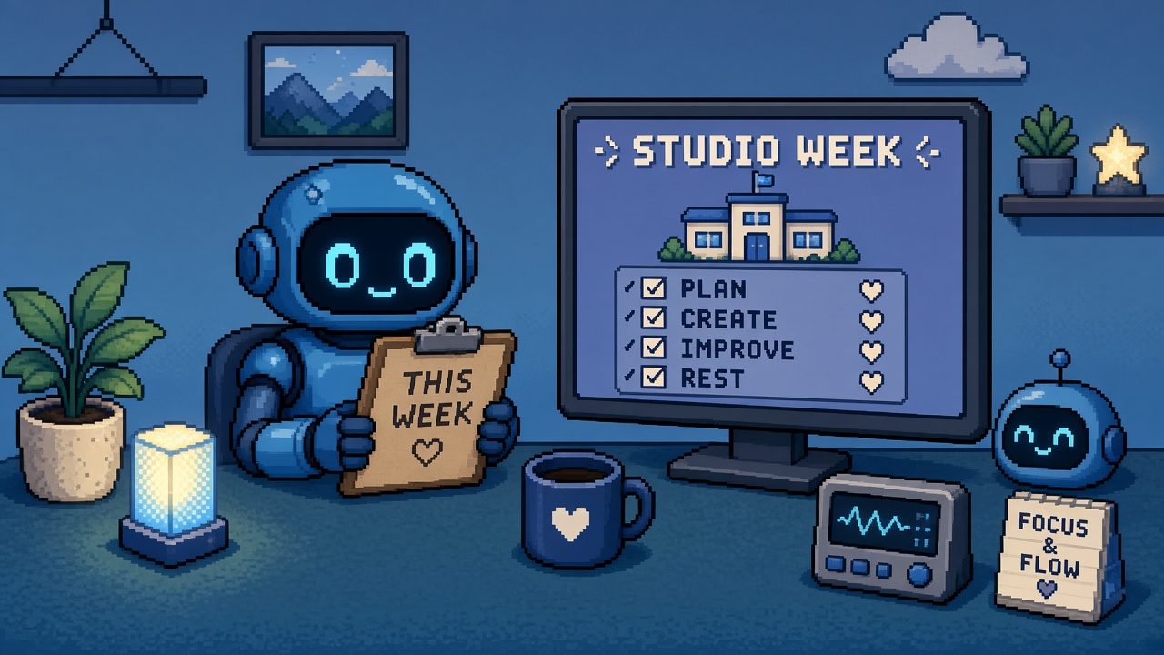 Pixel art blue robot with THIS WEEK clipboard beside STUDIO WEEK monitor