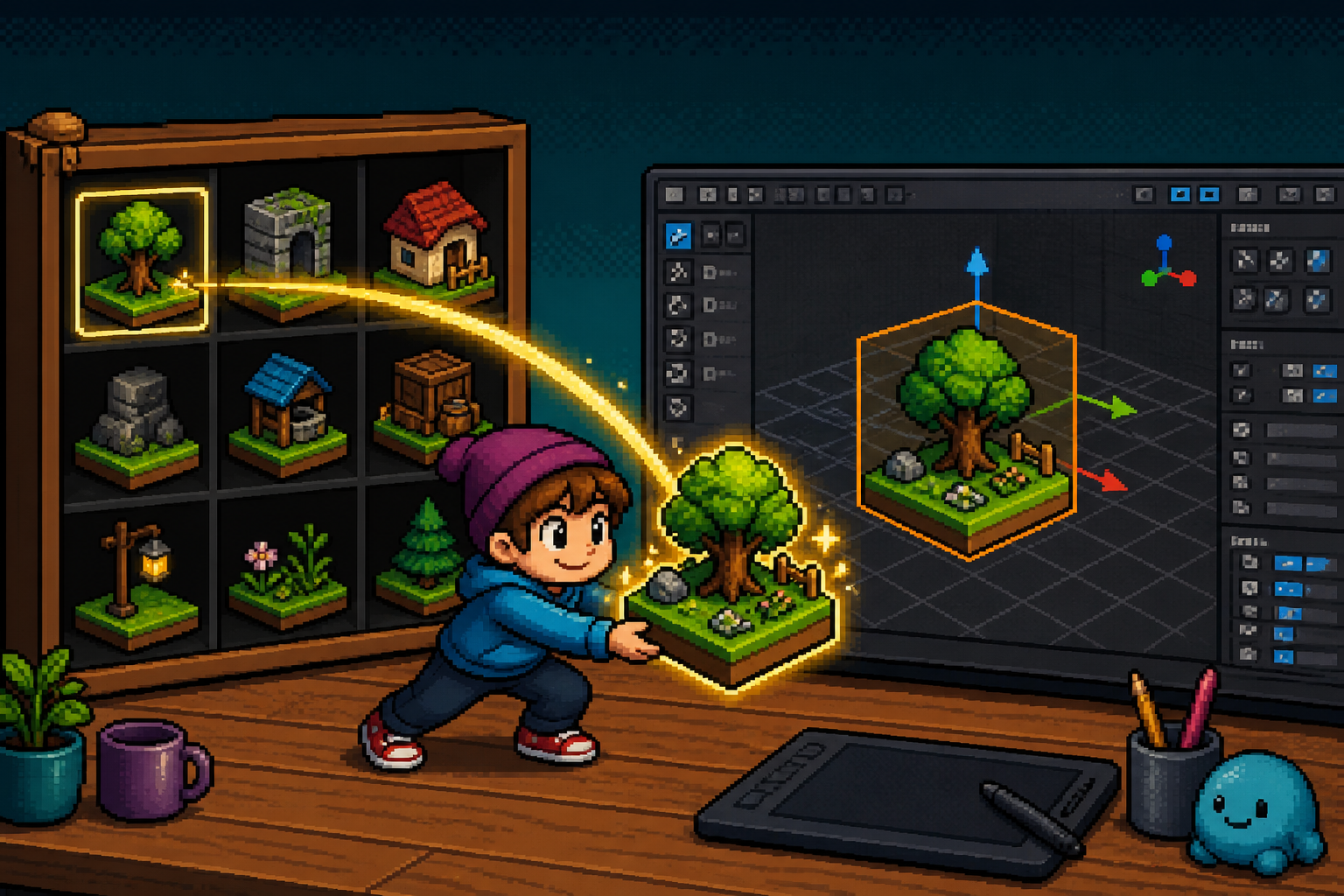 Pixel art creator dragging a scene tile from an Asset Browser shelf into a 3D workspace