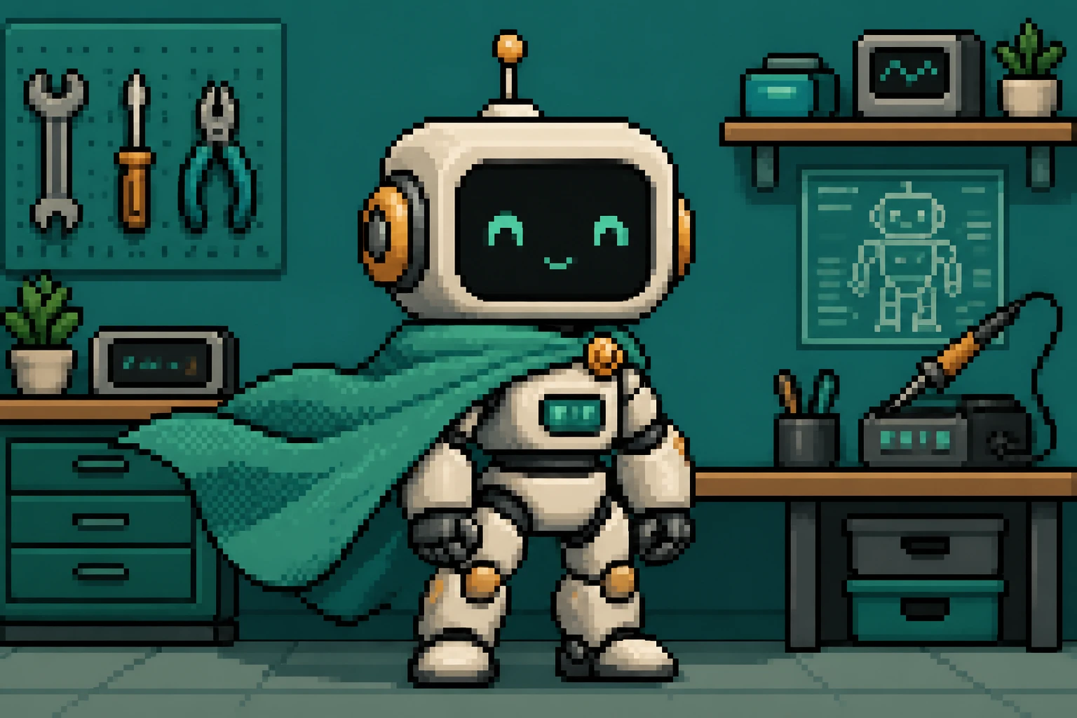 Pixel art robot in a workshop wearing a flowing teal cloth cape