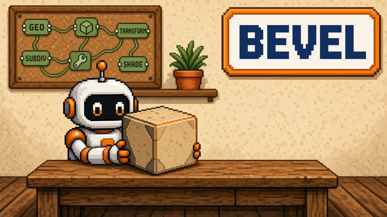 Pixel art robot beveling a prop cube at a Geometry Nodes workbench