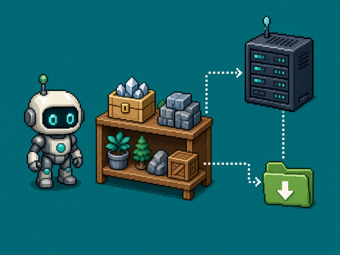 Pixel art robot beside an asset shelf linked to a server rack and download folder