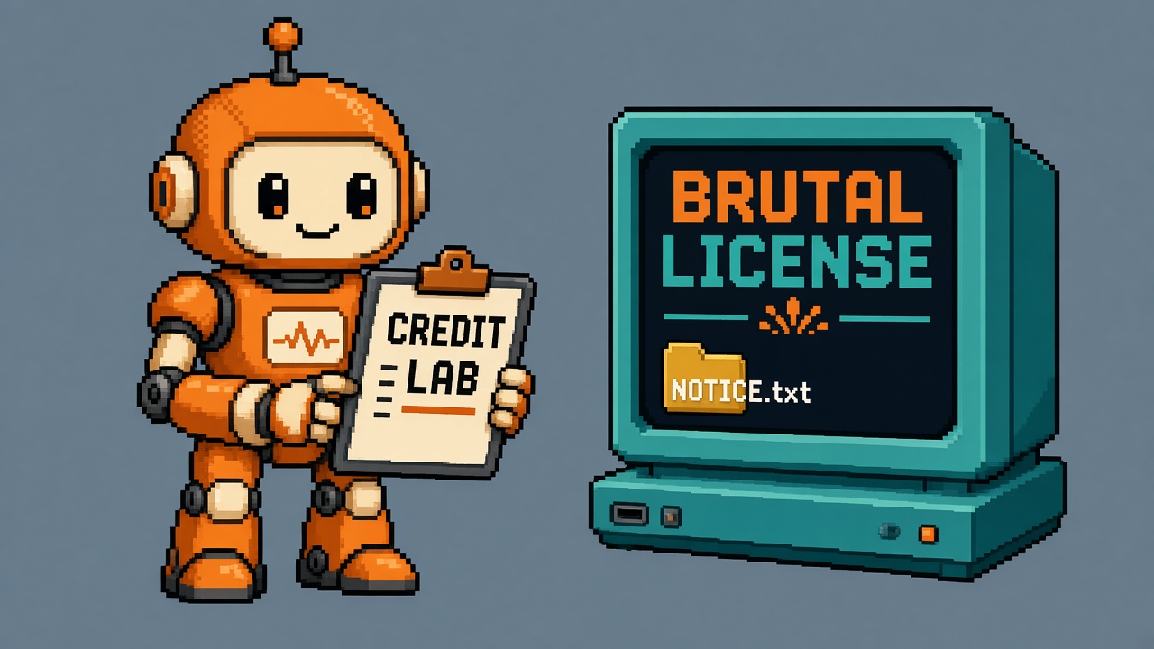 Pixel art orange robot with CREDIT LAB clipboard beside BRUTAL LICENSE monitor