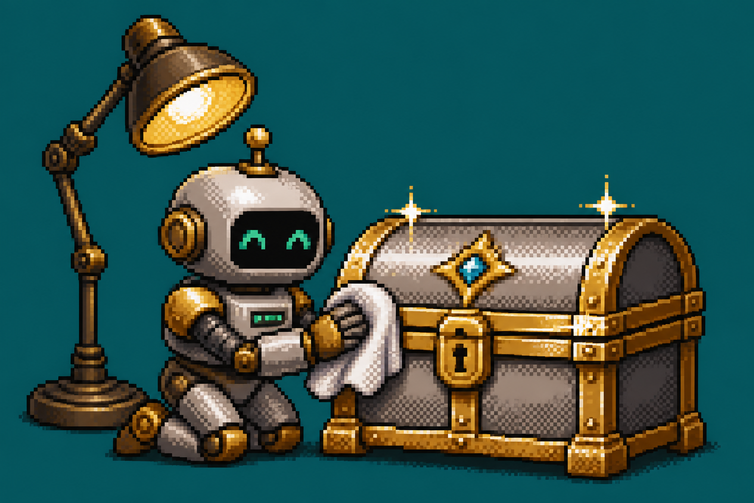 Pixel art robot polishing a metallic treasure chest under a warm studio lamp