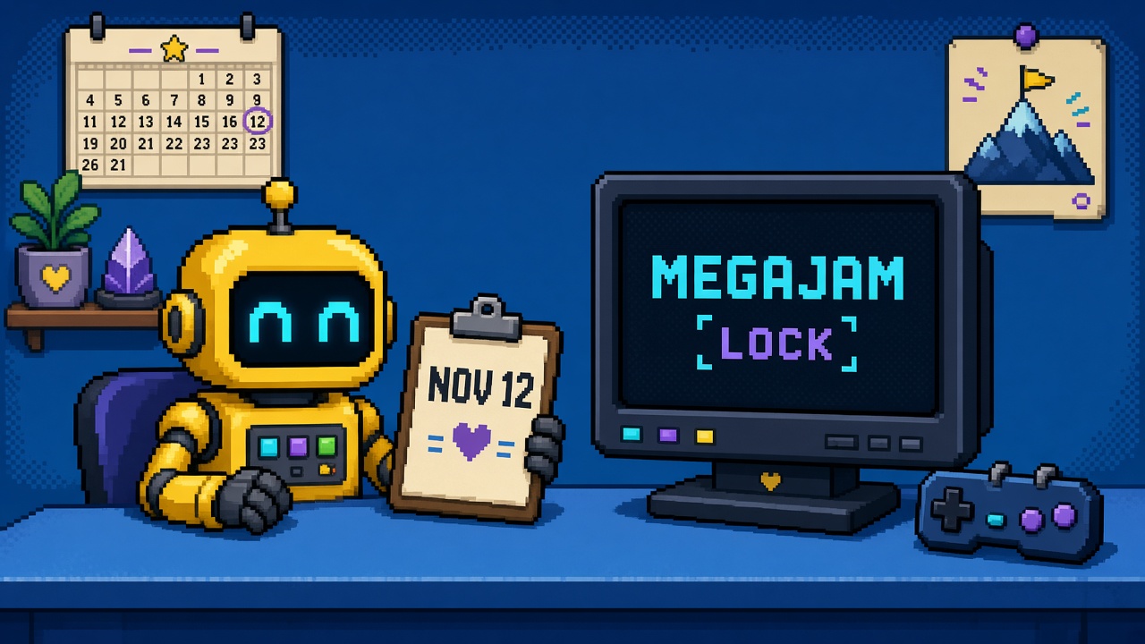 Pixel art yellow robot with NOV 12 clipboard beside MEGAJAM LOCK monitor