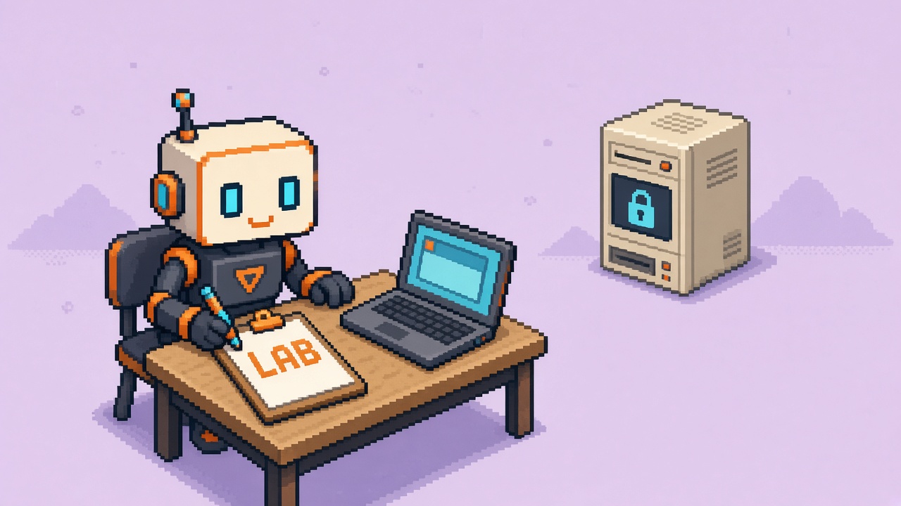 Pixel art robot filling a LAB clipboard beside a spare laptop, with a locked desktop left untouched