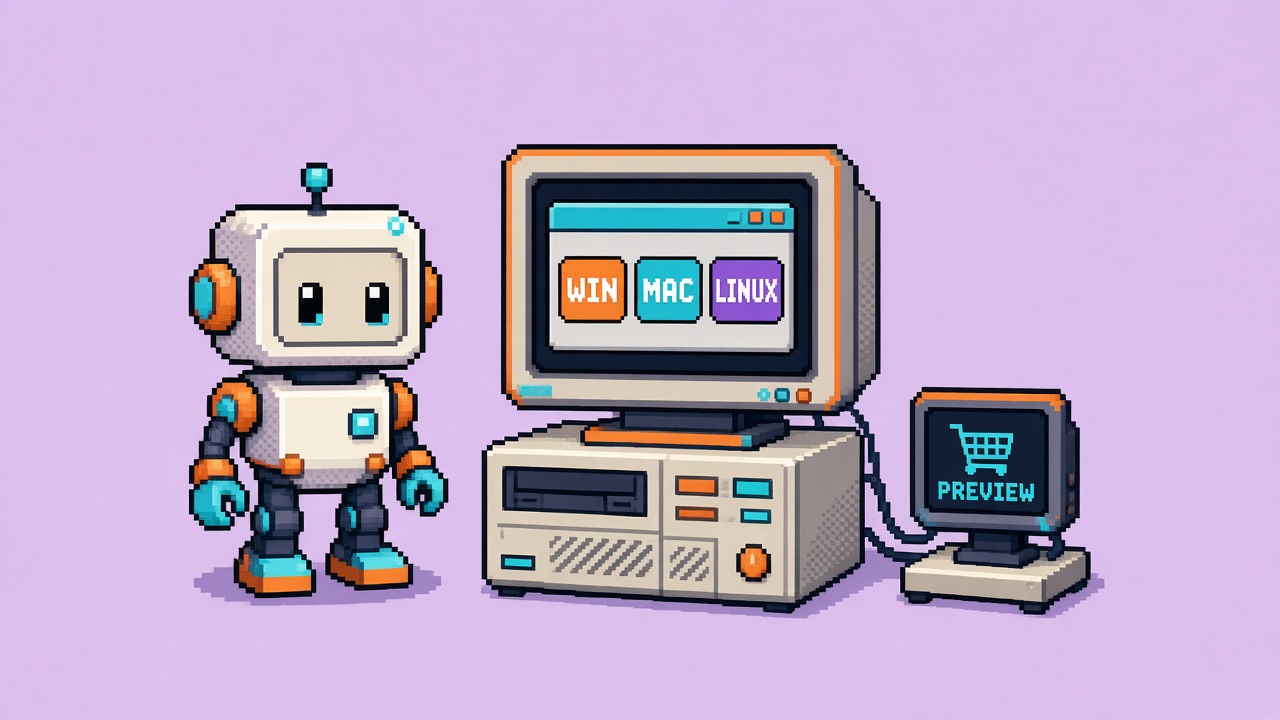 Pixel art robot beside a launcher screen labeled WIN, MAC, and LINUX, with a small PREVIEW cart