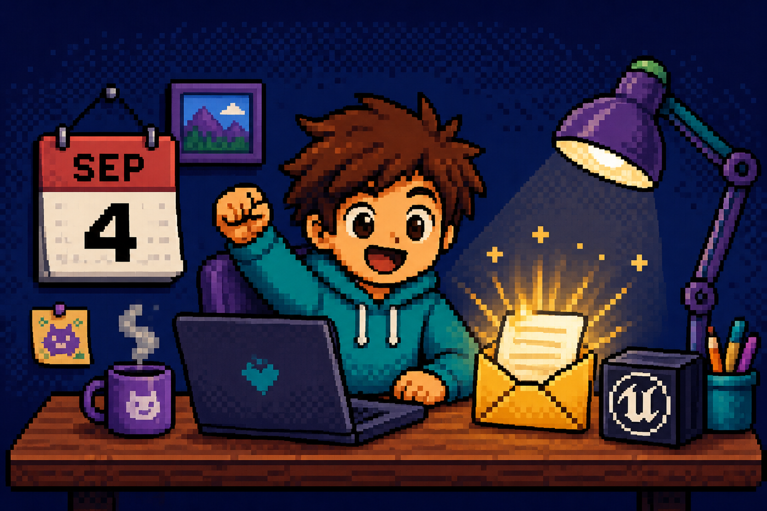Pixel art indie developer celebrating a glowing grant letter on a Sep 4 calendar desk