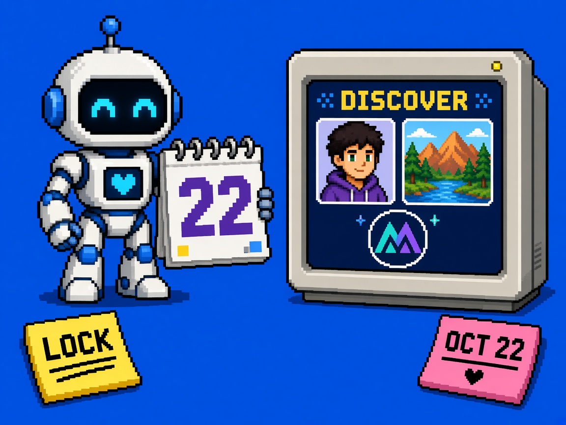 Pixel art robot holding an October 22 calendar beside a Discover thumbnail monitor