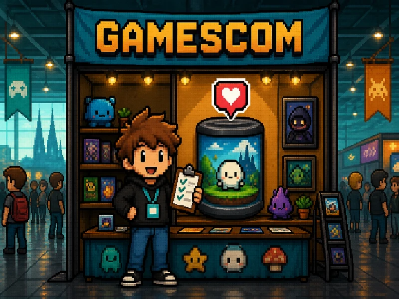 Pixel art of an indie developer at a Gamescom booth with a wishlist heart and checklist clipboard