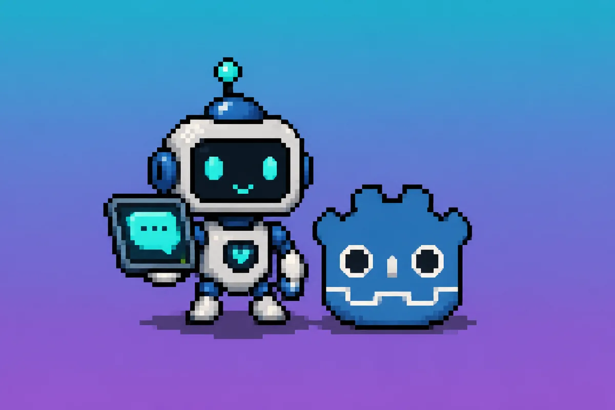 Pixel art of a friendly robot AI assistant holding a chat tablet beside a Godot-style robot head, representing the GDLLM in-editor agent