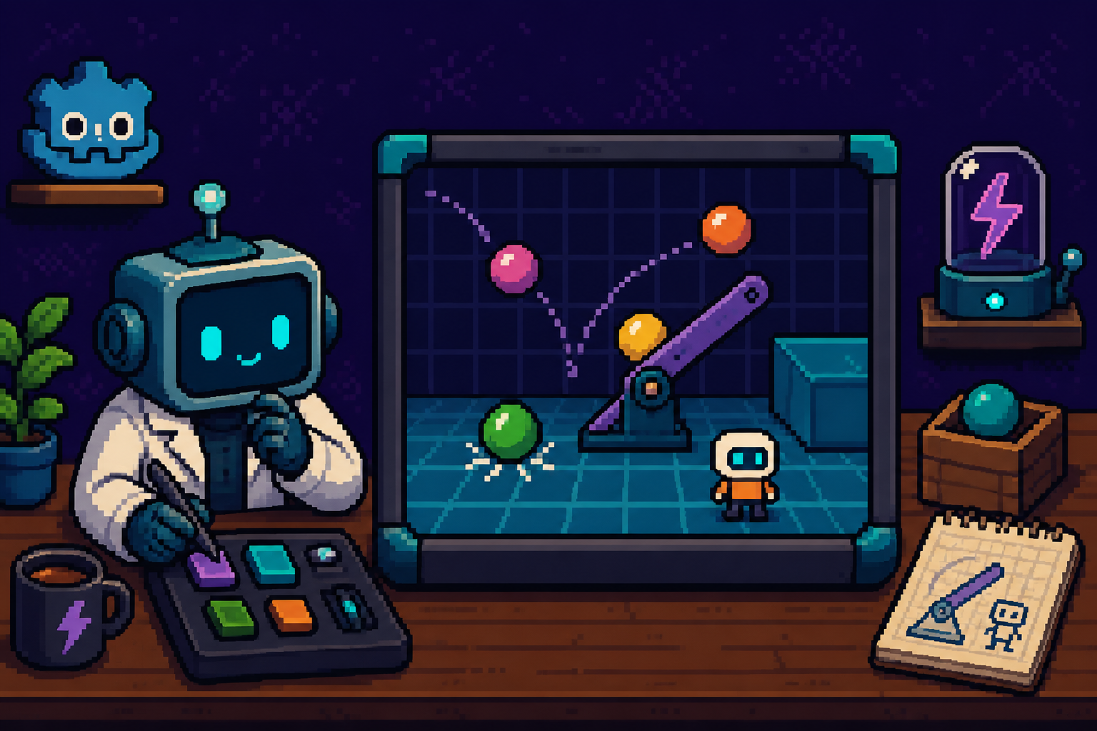 Pixel art robot scientist at a desk with a physics sandbox of bouncing balls, hinge joint, and purple Jolt lightning motif