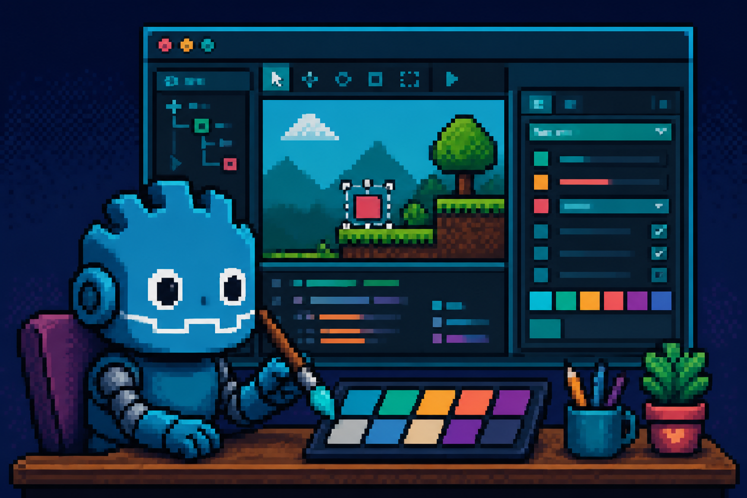 Pixel art robot painting at a Godot-style Modern theme editor desk