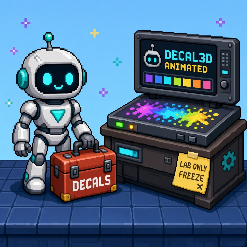 Pixel art robot with DECALS toolbox beside DECAL3D ANIMATED monitor and LAB ONLY FREEZE note