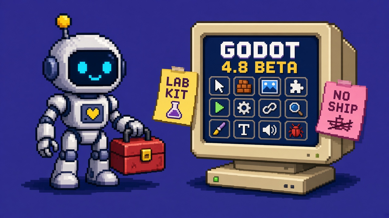 Pixel art robot with a toolbox beside a GODOT 4.8 BETA monitor of tool icons
