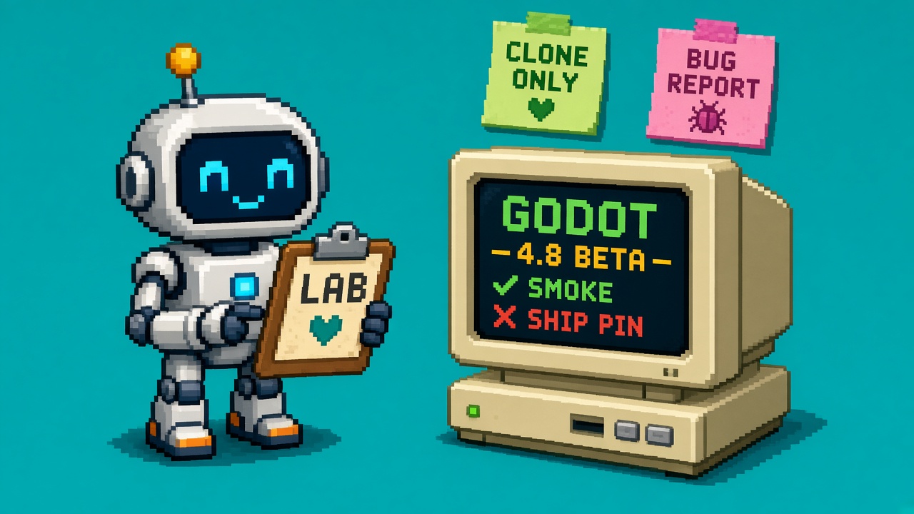 Pixel art robot with LAB clipboard beside GODOT 4.8 BETA monitor showing a smoke check and a crossed-out ship pin