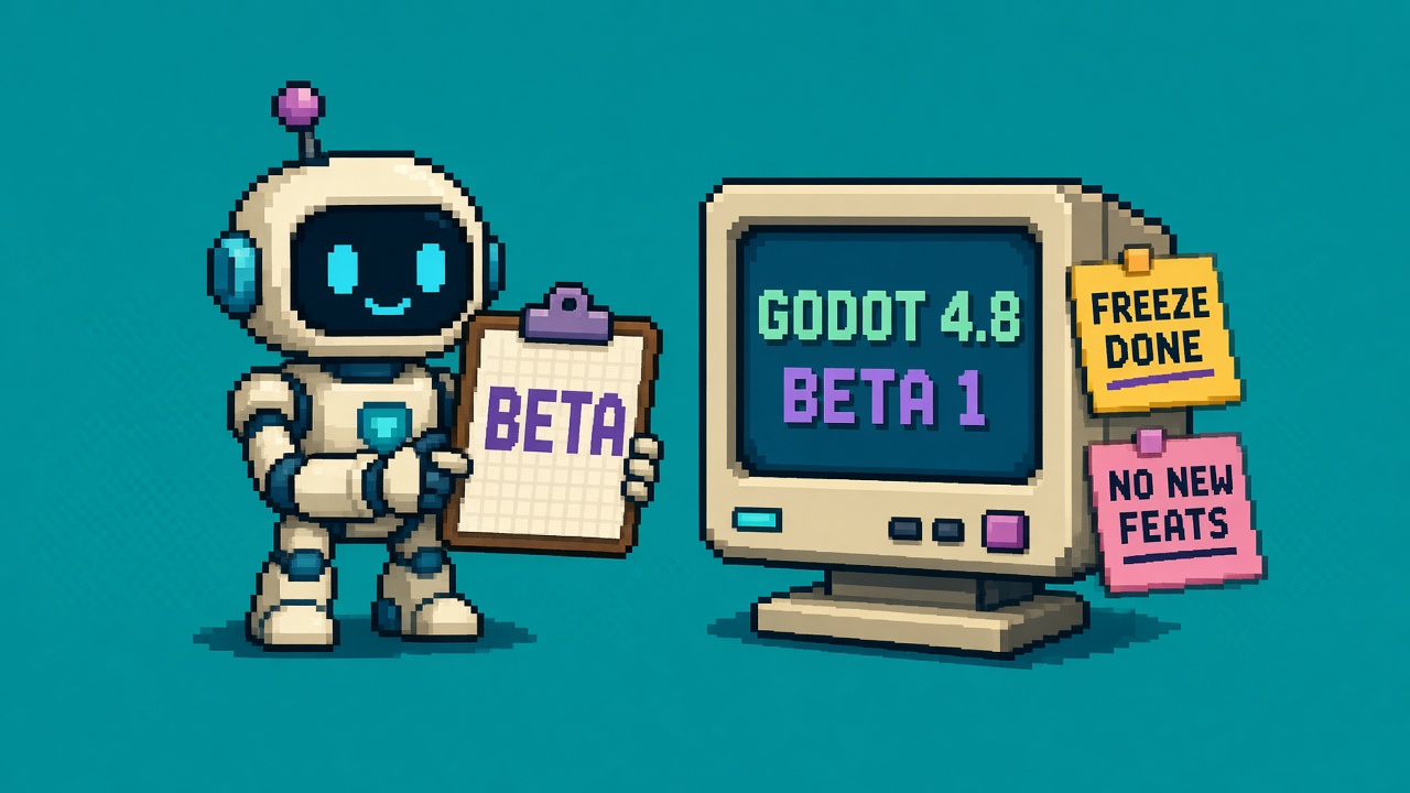 Pixel art robot with BETA clipboard beside GODOT 4.8 BETA 1 monitor