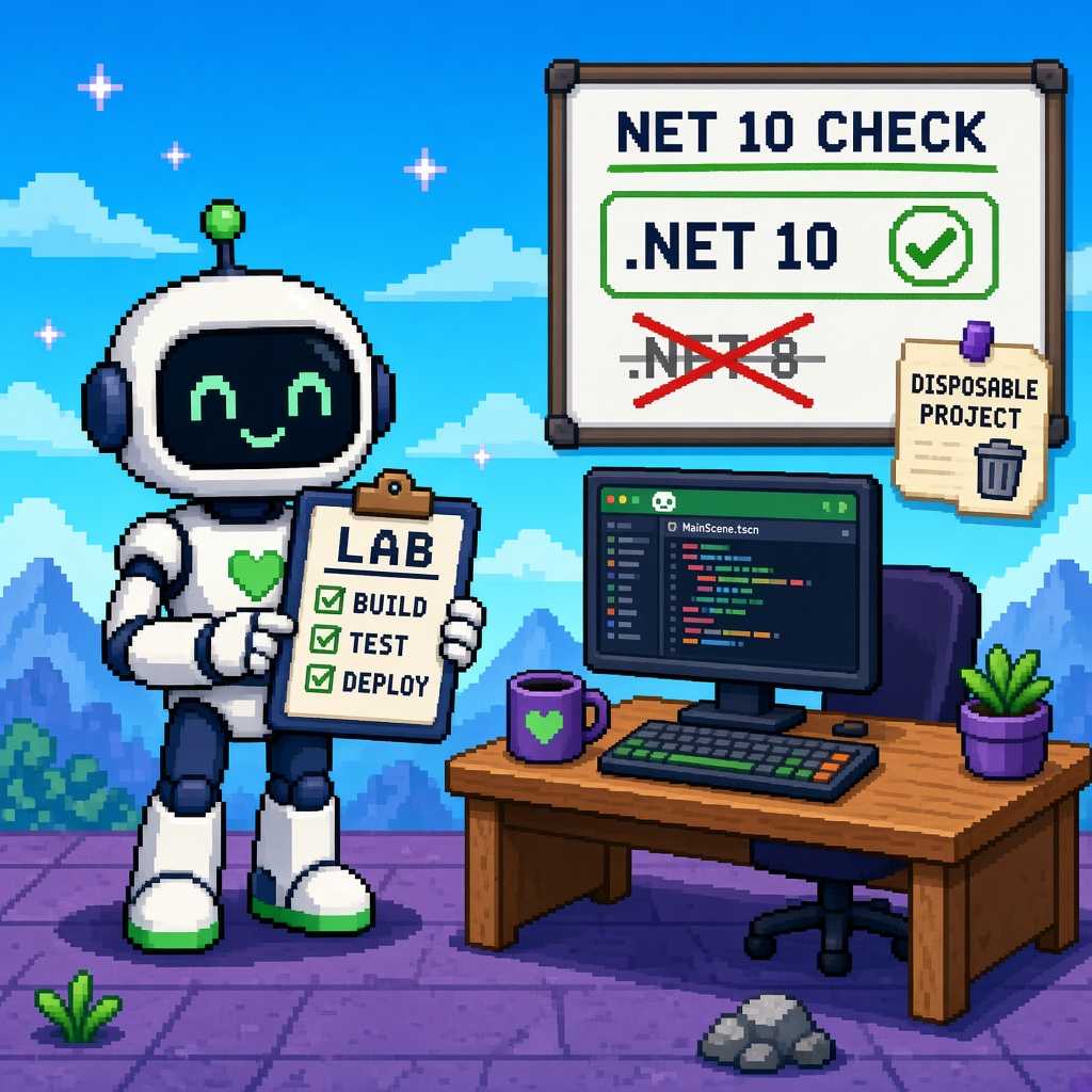 Pixel art robot with LAB clipboard beside NET 10 CHECK whiteboard crossing out .NET 8