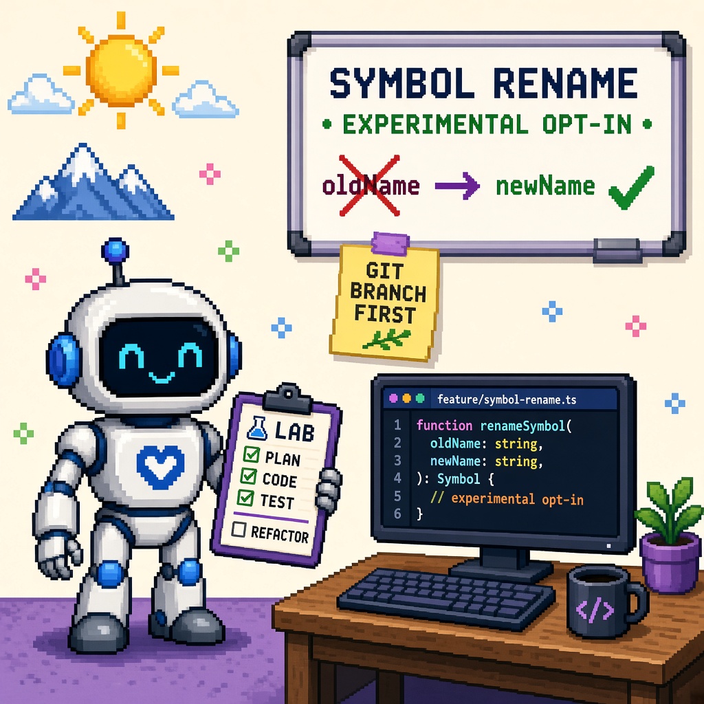 Pixel art robot with LAB clipboard beside SYMBOL RENAME EXPERIMENTAL OPT-IN whiteboard and GIT BRANCH FIRST note