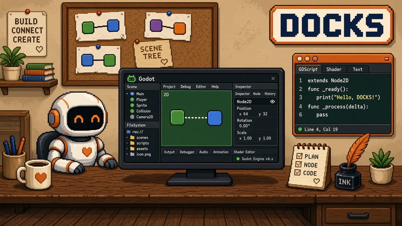 Pixel art robot at a desk with Godot docks and a floating DOCKS panel