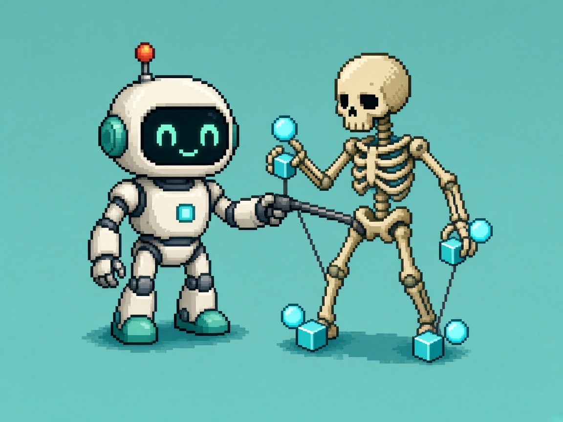 Pixel art robot posing a skeleton with cyan IK target cubes on hands and feet