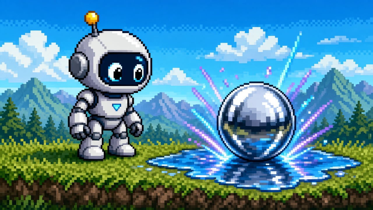 Pixel art robot with a reflective chrome sphere and SSR rays