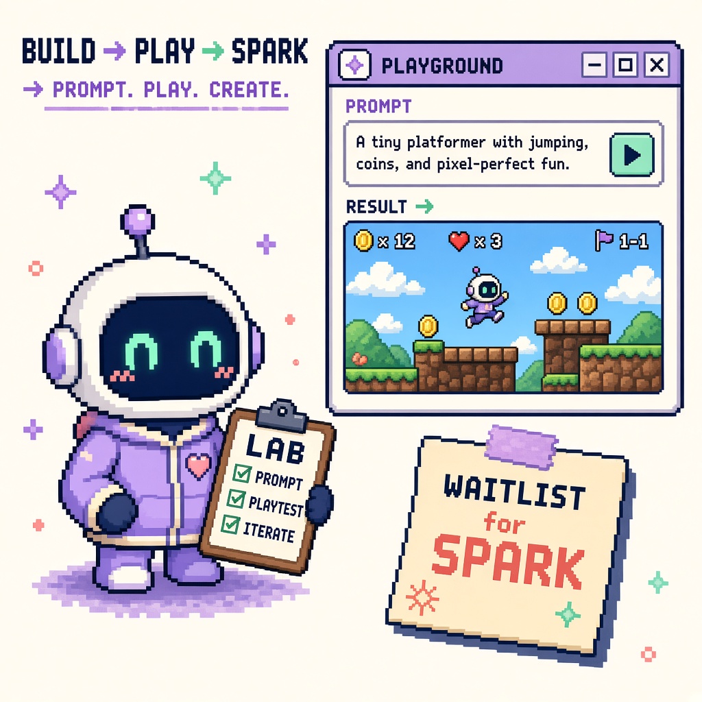 Pixel art robot with LAB clipboard beside PLAYGROUND prompt window and WAITLIST for SPARK note