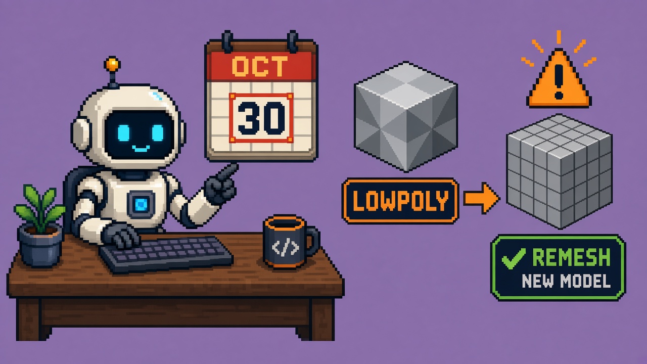 Pixel art robot with OCT 30 calendar switching LOWPOLY mesh to REMESH NEW MODEL