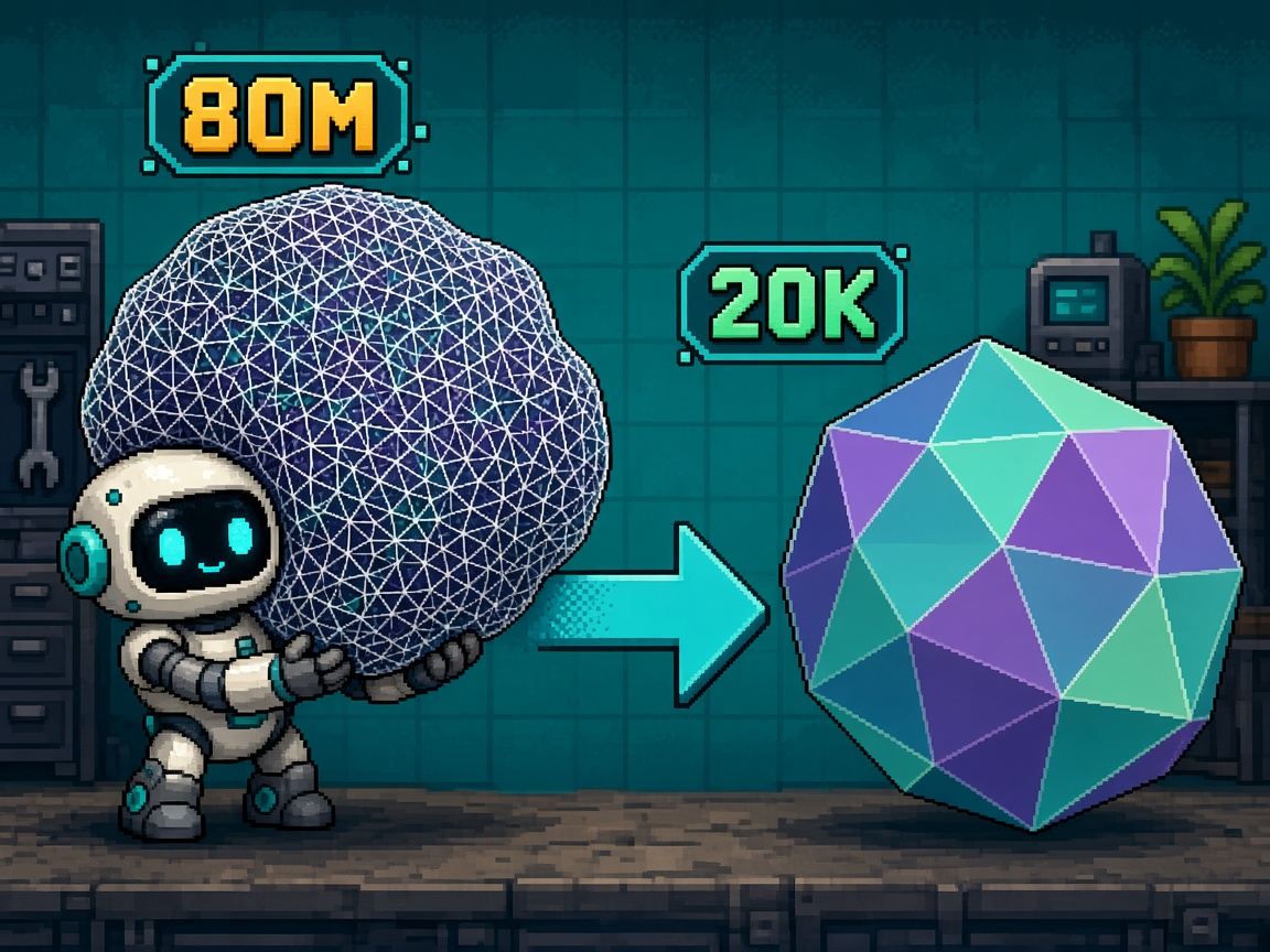 Pixel art robot remeshing a dense 80M mesh down to a 20K low-poly sphere