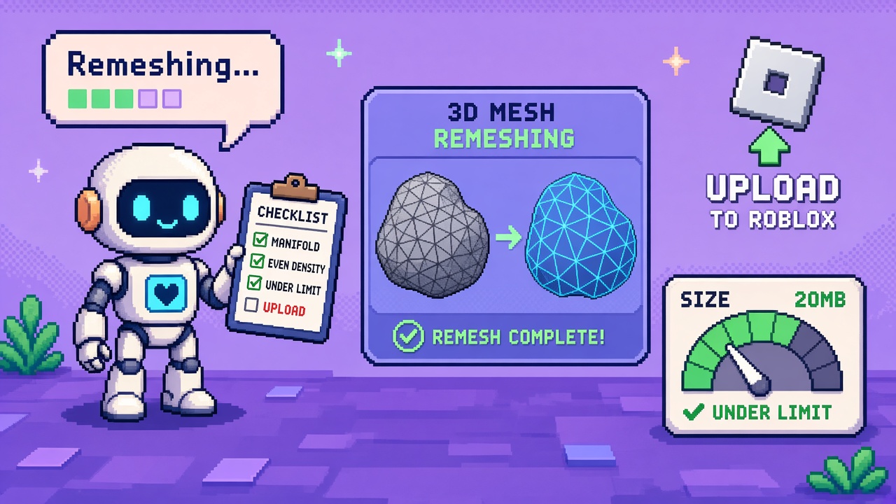 Pixel art robot with checklist clipboard beside remeshed mesh and 20MB gauge