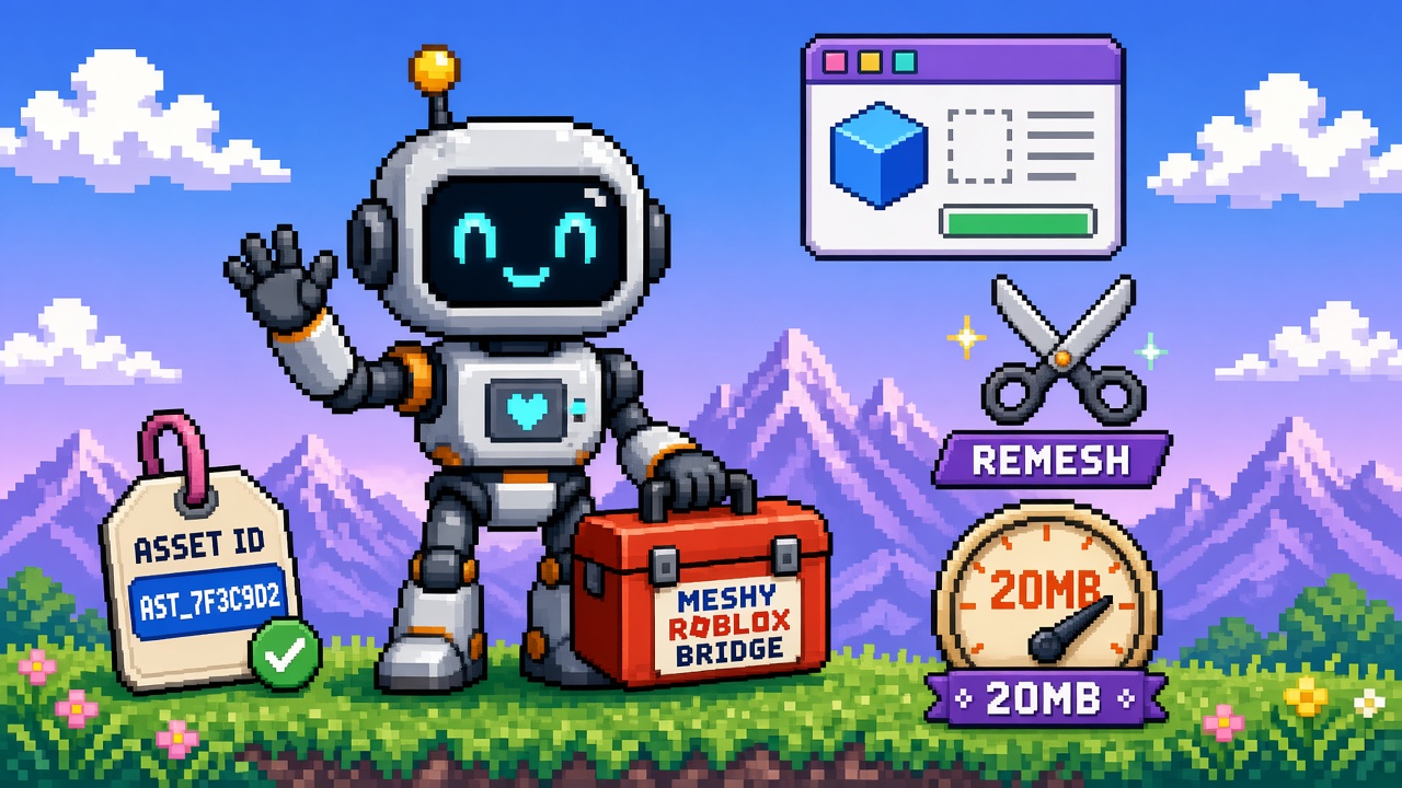 Pixel art robot with MESHY ROBLOX BRIDGE toolbox, remesh scissors, and 20MB gauge