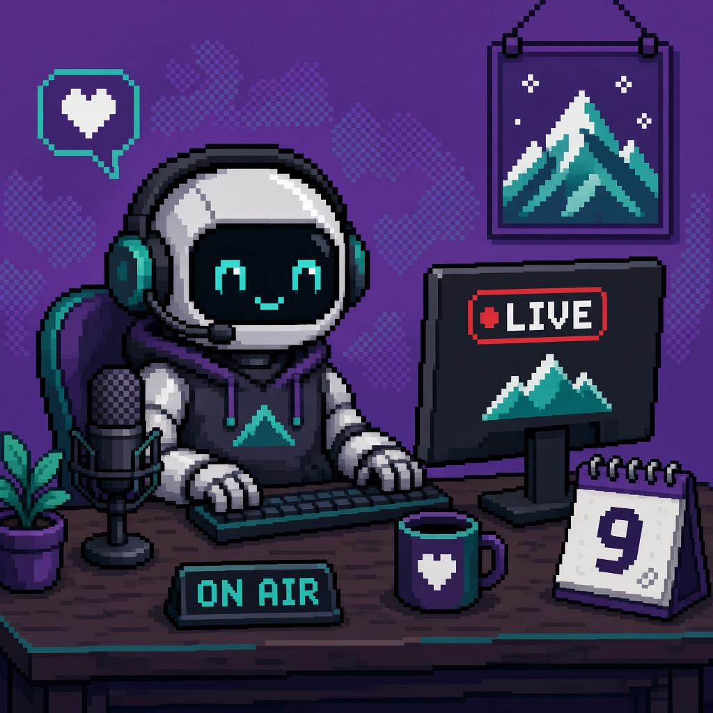 Pixel art robot streamer at desk with LIVE monitor and day-9 calendar