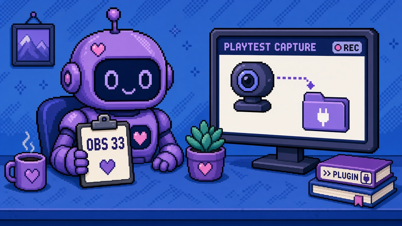 Pixel art purple robot with OBS 33 clipboard beside PLAYTEST CAPTURE monitor