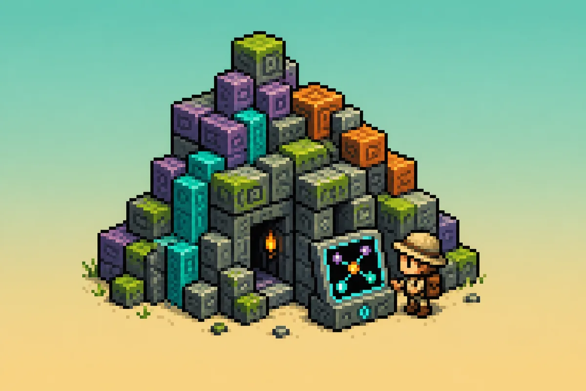 Pixel art of an explorer beside procedural rock formations and a node-graph gadget for an OctoShaper Unity keep/hold