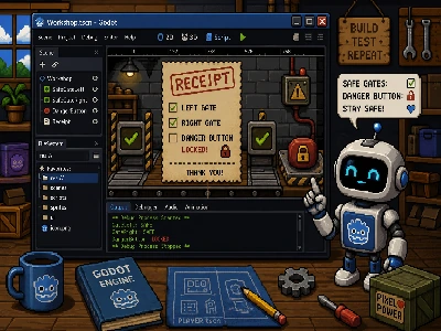 Pixel art robot beside a Godot-style editor with a stamped receipt checklist and a locked dangerous button