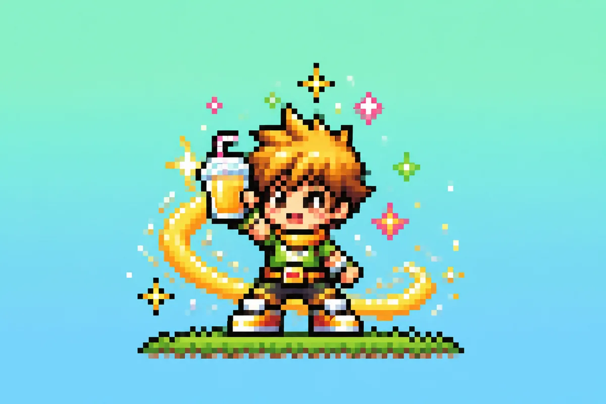 Pixel art of a cute juiced game character with sparkle and glow effects for a PolishFX Godot sprite juice test