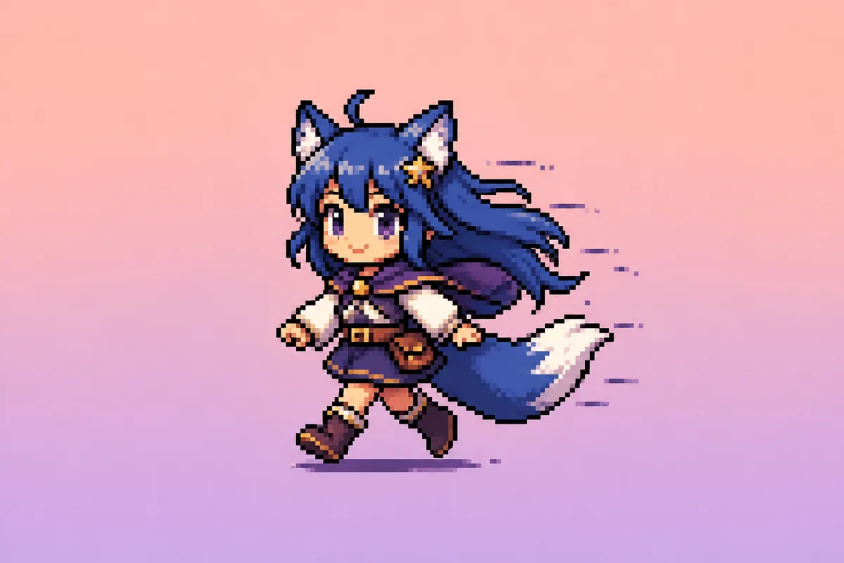 Pixel art of a cute character with flowing hair and a fluffy tail showing secondary motion for a Reactive Bones Unity keep/hold